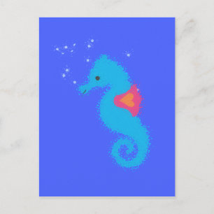 Blue Tecknad Seahorse Vykort