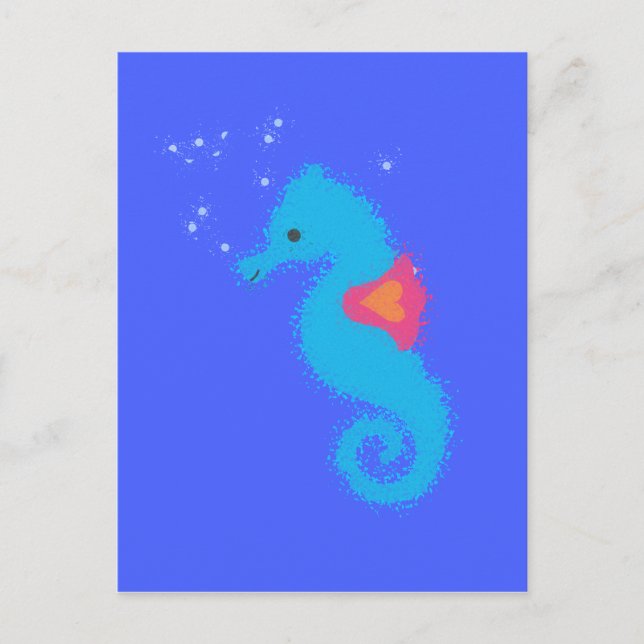 Blue Tecknad Seahorse Vykort (Framsida)