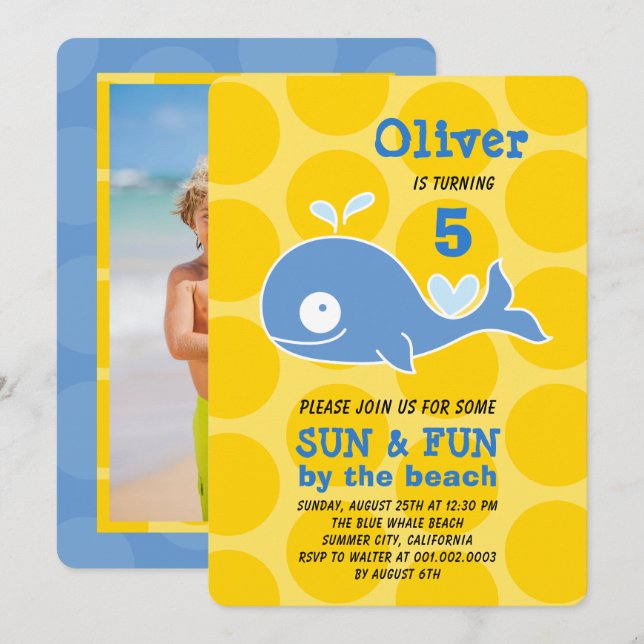 Blue Tecknad Whale Beach Party Photo Boy Birthday Inbjudningar (Fram/baksida)