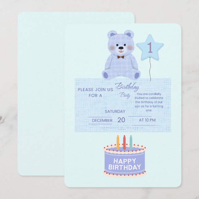 Blue Teddy Bear 1st Birthday Invitation - Customiz Inbjudningar (Fram/baksida)