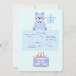 Blue Teddy Bear 1st Birthday Invitation - Customiz Inbjudningar