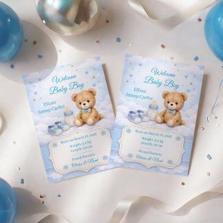 Blue Teddy Bear Baby Boy Birth Announcement Card Inbjudningar
