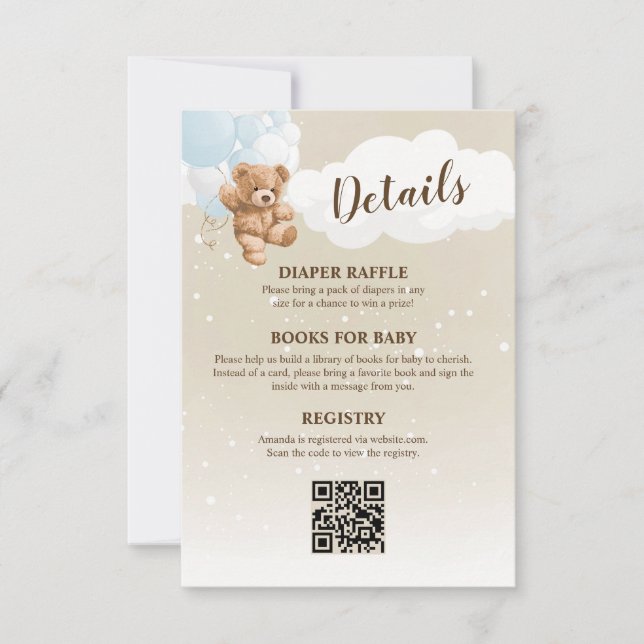 Blue Teddy Bear Baby Shower Details Enclosure Card Inbjudningar (Framsida)