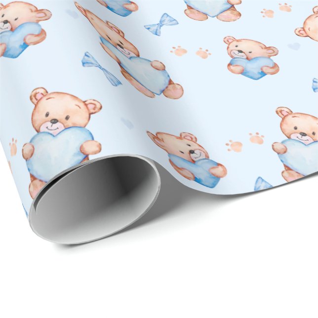 Blue Teddy Bear Baby Shower Giftwrapping Paper Presentpapper (Rullad Hörn)
