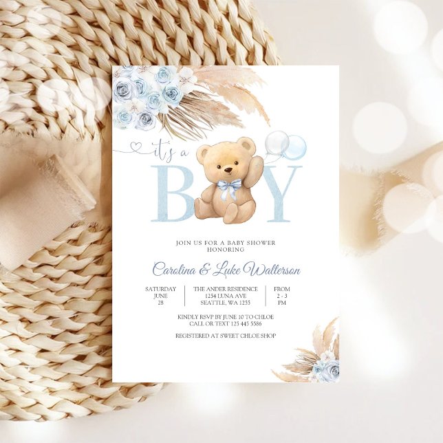 Blue Teddy Bear Baby Shower Invitation Inbjudningar (Skapare uppladdad)