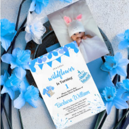 Blue Teddy Bear First Birthday Photo Invitation Inbjudningar