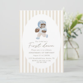 Blue Teddy bear First Down Football First Birthday Inbjudningar