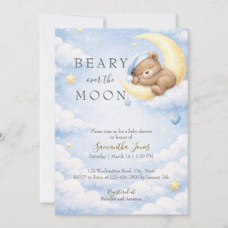 Blue Teddy Bear Moon Baby Shower Invitation Inbjudningar