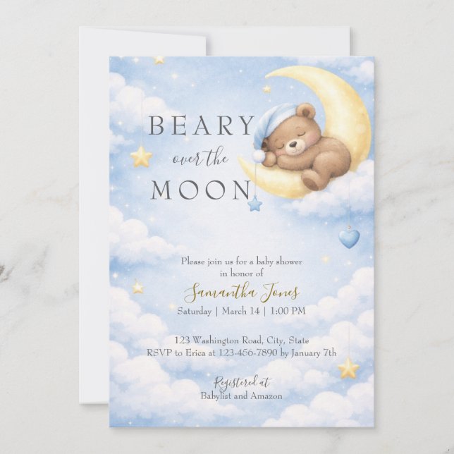Blue Teddy Bear Moon Baby Shower Invitation Inbjudningar (Framsida)