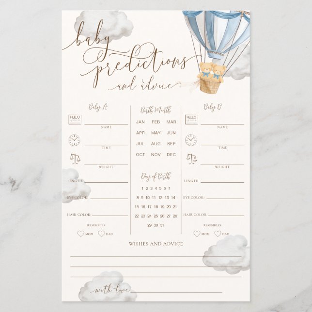 Blue Teddy Bear Twins Baby Predictions Game (Framsida)