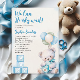 Blue Teddy Bear "We Can Bearly Wait" Baby Shower Inbjudningar