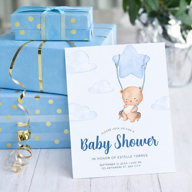 Blue Teddy Bear with Star Balloon Boy Baby Shower Inbjudningar (Blue Teddy Bear with Star Balloon Boy Baby Shower Invitation, Oh Baby Invitation)