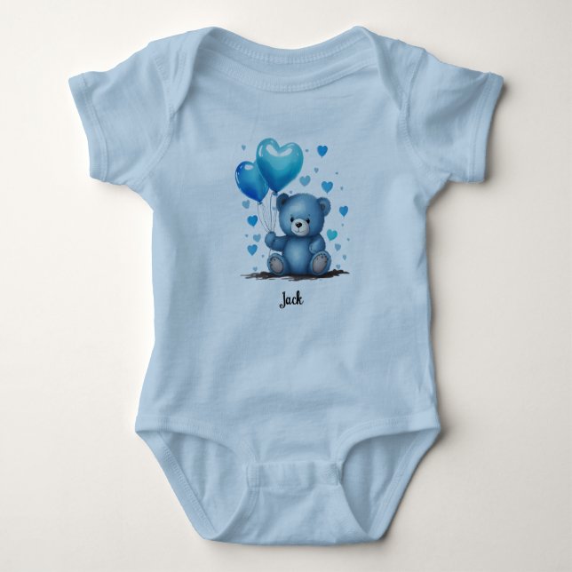 Blue Teddy Heart-ballonger Personalize Baby Namn T Shirt (Framsida)
