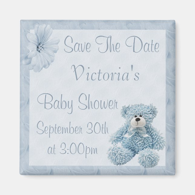 Blue Teddy Save Date Boy Baby Shower Magnet (Framsidan)