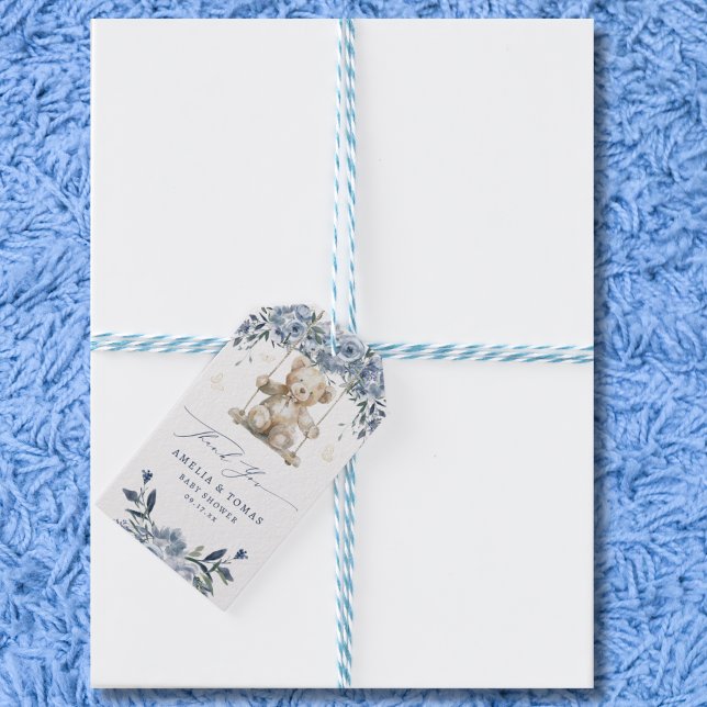 Blue Teddy Swing Baby Shower Tack Presentetikett (Skapare uppladdad)