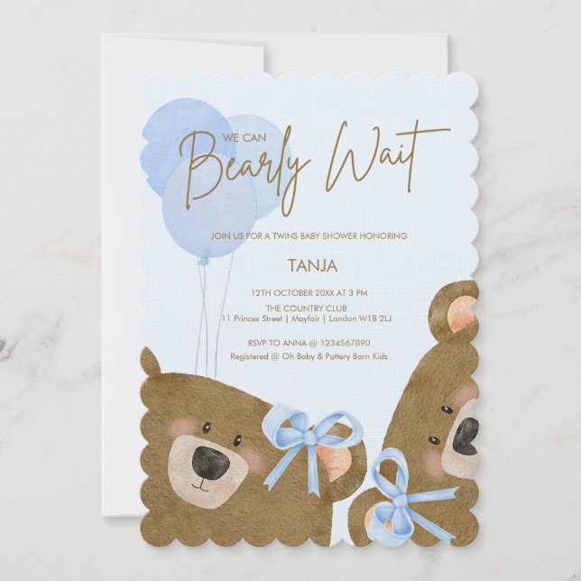 Blue Teddy Vi kan bolla Twillingar Baby Shower Inbjudningar (Framsida)