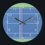 Blue Tennis Court Modern Tennis Player     Stor Klocka<br><div class="desc">Personalized classic tennis court design in blue with classic, chic, preppy & elegant tennis rackets and green tennis balls. Simple, minimalist gift for your tennis coach or tennis team. Personalized Gift for a tennis player. Blue tennis court illustration. Trendy tennis players home decor. Trendy modern tennis player gifts. Cool retro...</div>