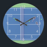 Blue Tennis Court Modern Tennis Player     Stor Klocka<br><div class="desc">Personalized classic tennis court design in blue with classic, chic, preppy & elegant tennis rackets and green tennis balls. Simple, minimalist gift for your tennis coach or tennis team. Personalized Gift for a tennis player. Blue tennis court illustration. Trendy tennis players home decor. Trendy modern tennis player gifts. Cool retro...</div>