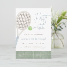 Blue Tennis First Birthday Party Invitation Tack Kort