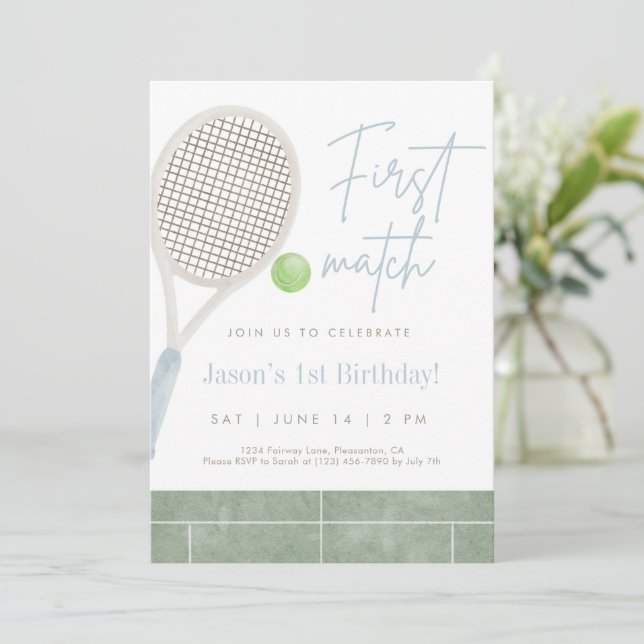 Blue Tennis First Birthday Party Invitation Tack Kort (Stående Fram)