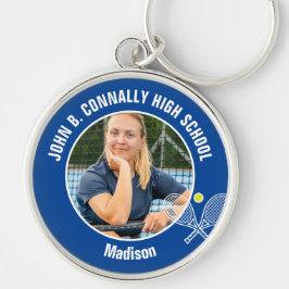 Blue Tennis Player Photo High School Spirit Rund Silverfärgad Nyckelring