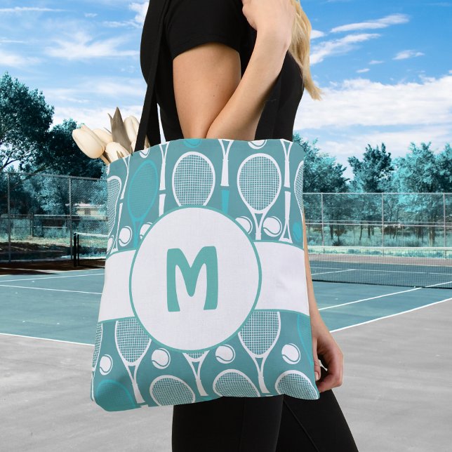 Blue Tennis Racket Mönster Monogram Tote Bag Tygkasse (Skapare uppladdad)
