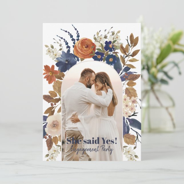 Blue Terracotta Blommigt Arch Photo Förlovningsfes Inbjudningar (Stående Fram)