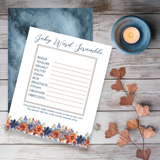Blue Terracotta Blommigt Baby Shower Ord Scramble (Boho Blue and Terracotta Fall |  Autumn Floral  Baby Shower "Baby Word Scramble" Game)