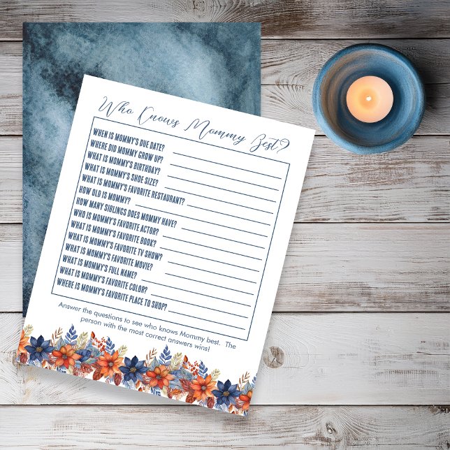 Blue Terracotta Blommigt Baby Shower som känner Ma (Boho Blue and Terracotta Fall |  Autumn Floral Boy Baby Shower "Who Knows Mommy Best" Game)