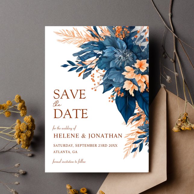 Blue Terracotta Blommigt Elegant bröllop Spara Datumet (Blue Terracotta Floral Elegant Wedding Save The Date)