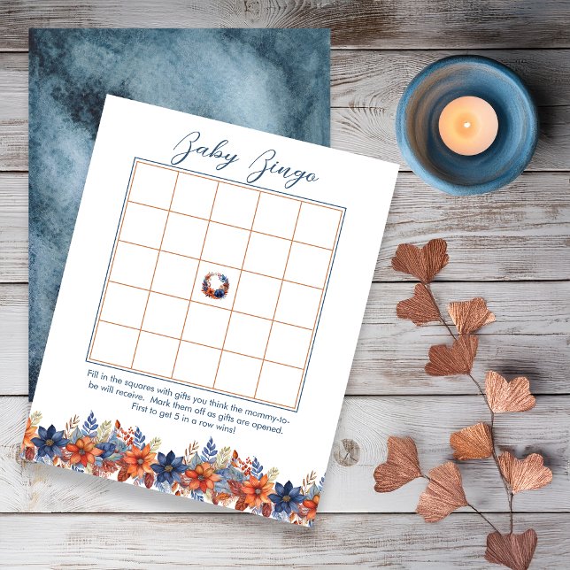 Blue Terracotta Fall Blommigt Baby Shower Bingo (Boho Blue and Terracotta Fall |  Autumn Floral Boy Baby Shower "Baby Bingo" Game)