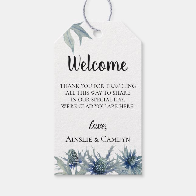 Blue Thistle Bröllop Välkommen Bag Presentetikett (Framsidan)