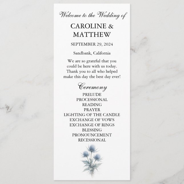 Blue Thistle Floral Elegant Modern Wedding  Program (Framsida)
