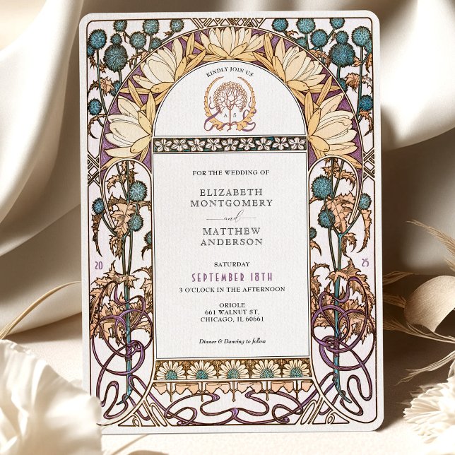 Blue Thistles Vintage Art nouveau Bröllop Inbjudningar (Skapare uppladdad)