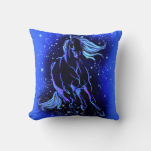 Blue Throw Pillow Horse Running At Starry Night  Kudde