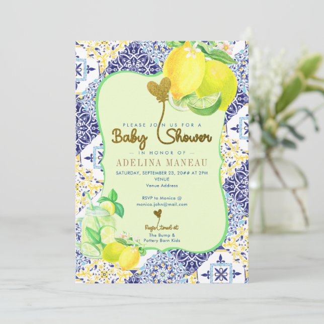 Blue Tile Azulejo Lemon Italienska Amalfi Baby Sho Inbjudningar (Stående Fram)