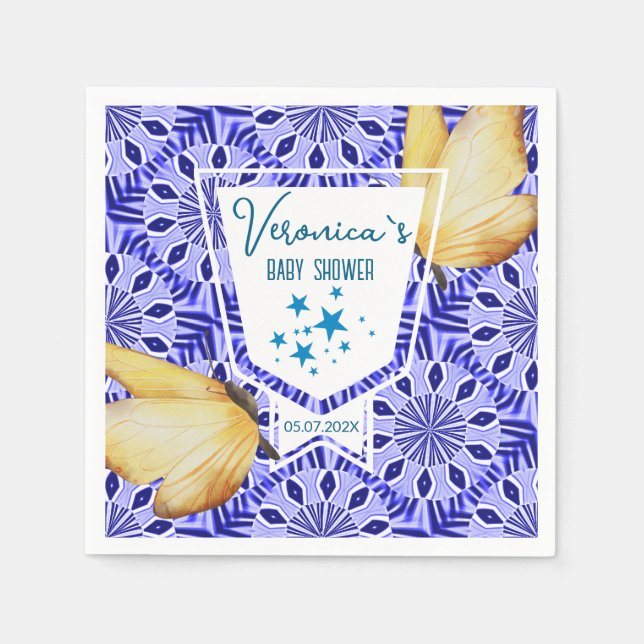Blue Tile Butterfly Baby Shower Pappersservett (Framsidan)