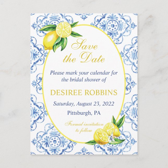 Blue Tile Floral Lemon Bridal Shower Save the Date Vykort (Framsida)