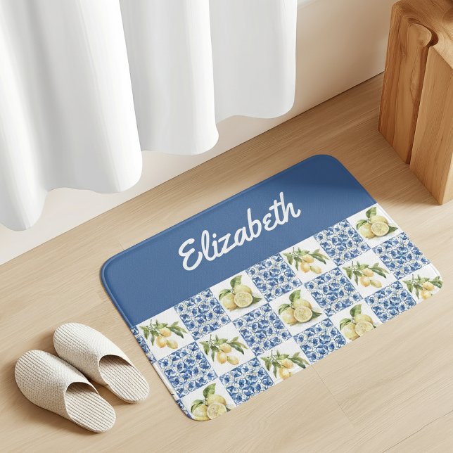 Blue Tile French Country Lemon Custom Name Badrumsmatta (Skapare uppladdad)