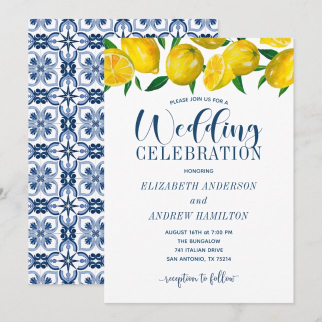 Blue Tile Italian Lemon Wedding Invitation Inbjudningar (Fram/baksida)