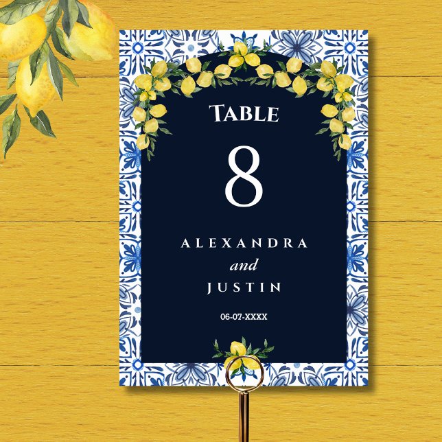 Blue Tile Italy Lemon Mediterranean Bröllop Bordsnummer (Skapare uppladdad)