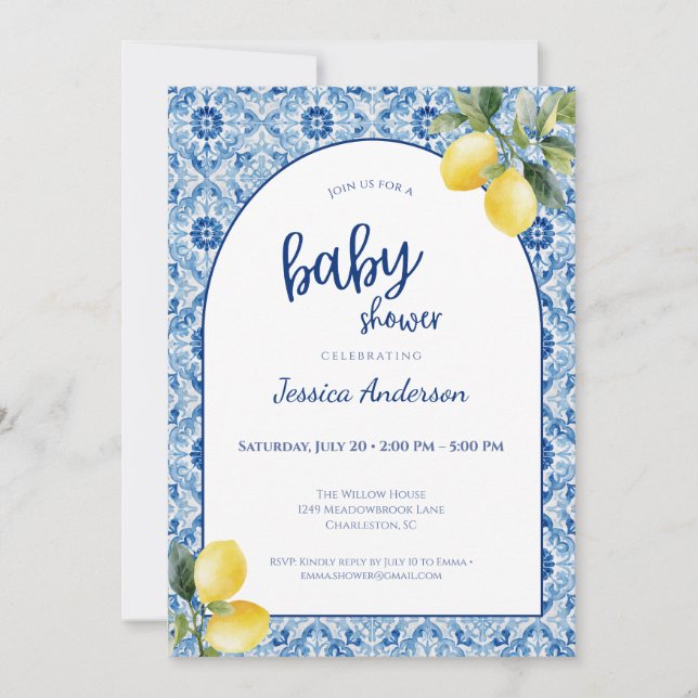 Blue Tile Lemon Baby Shower Invitation Inbjudningar (Framsida)