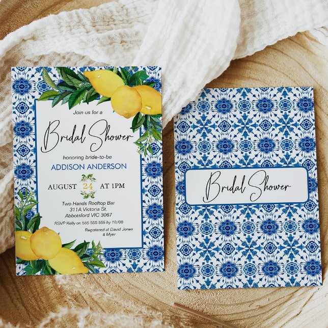 Blue Tile Lemon ThMeed Inbjudningskort för möhippa (Mediterranean blue tile, lemons and foliage bridal shower invitation with modern calligraphy heading)