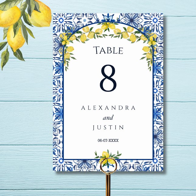 Blue Tile Mediterranean Lemon Italienska Bröllop Bordsnummer (Skapare uppladdad)