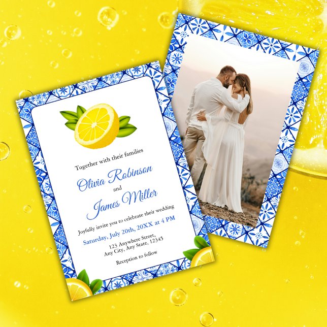 Blue Tile Photo Bröllop i Medelhavet Inbjudningar (Mediterranean Italian Blue Tile Lemon Photo Wedding Invitation )