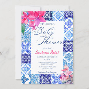 Blue Tiles Blommigt Amalfi italiensk babydusch Inbjudningar