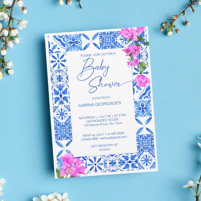 Blue Tiles Bougainvillea elegant babydusch Inbjudningar (Skapare uppladdad)