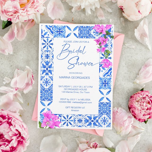 Blue Tiles Bougainvillea elegant möhippa Inbjudningar (Blue Tiles Bougainvillea elegant Mediterranean Greek bridal shower Invitation template download)