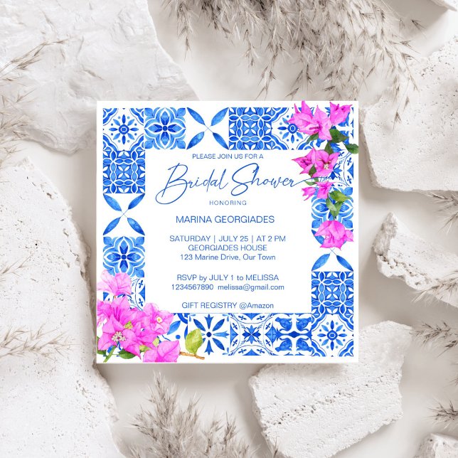 Blue Tiles Bougainvillea elegant möhippa Inbjudningar (Blue Tiles Bougainvillea Mediterranean Italian themed elegant bridal shower Invitation template)