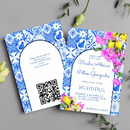 Blue Tiles Bougainvillea lemons elegant bröllop Inbjudningar